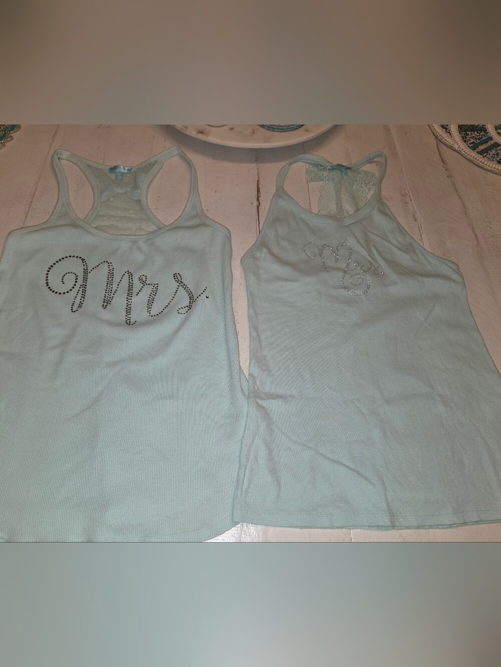 Betsey Johnson Light Blue Rhinestone "Mrs" Bridal Pajama Tank Tops